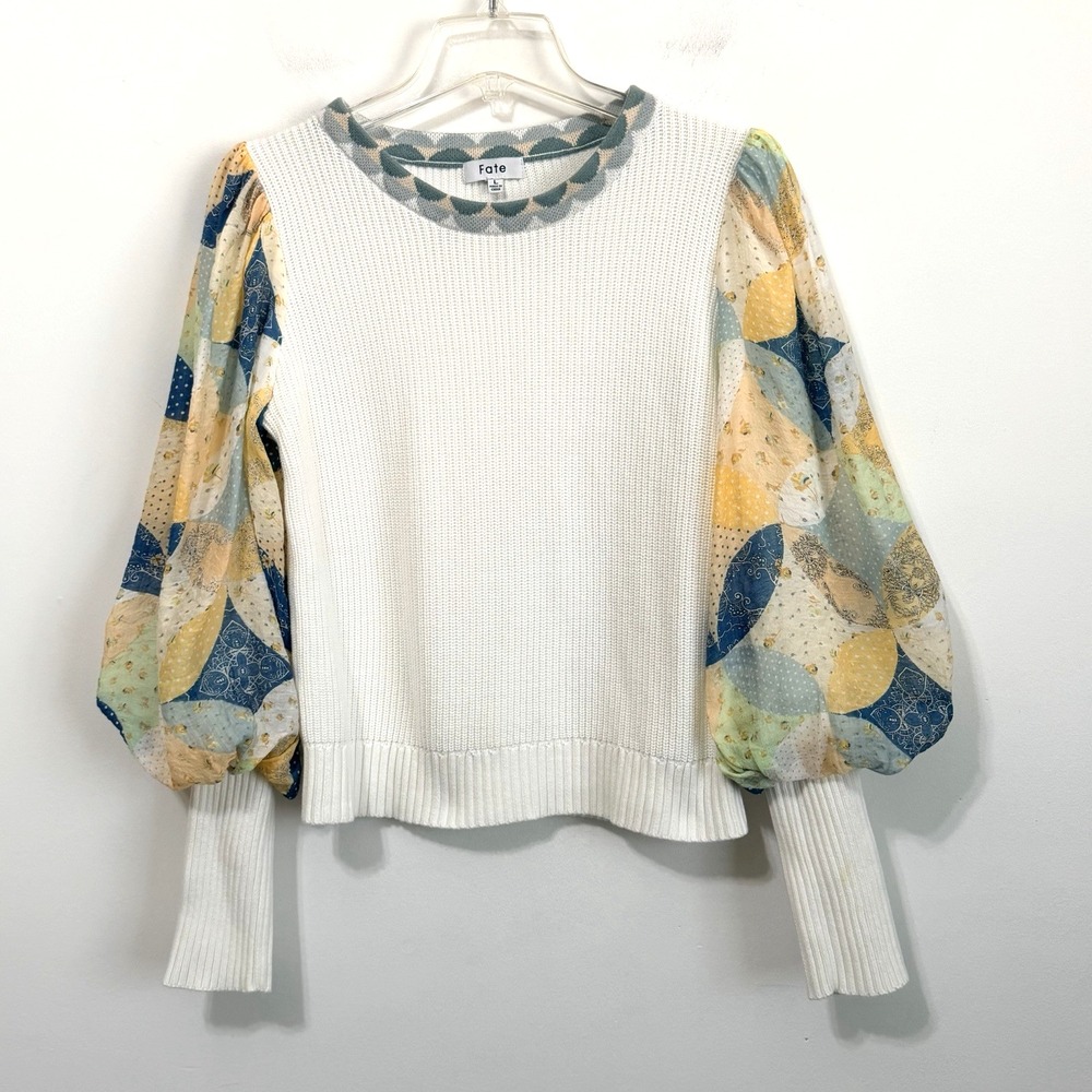 Fate Cant Let You Go Sweater L White Patchwork Balloon Sleeve Boho Knit‎ Top